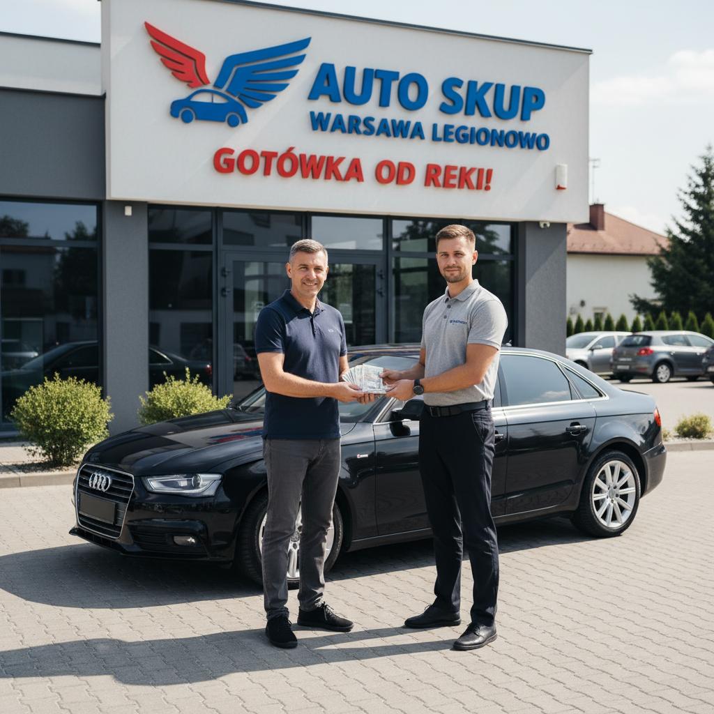 Osobowy samochód z otwartymi drzwiami i bagażnikiem, uporządkowane wnętrze, dokumenty na siedzeniu, parking i logo Auto Skup Warszawa Legionowo w tle.