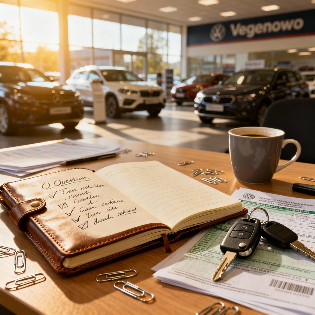 Lista pytań i odpowiedzi w notatniku obok umowy kuna sprzedaży i kluczyków w Auto skup Legionowo