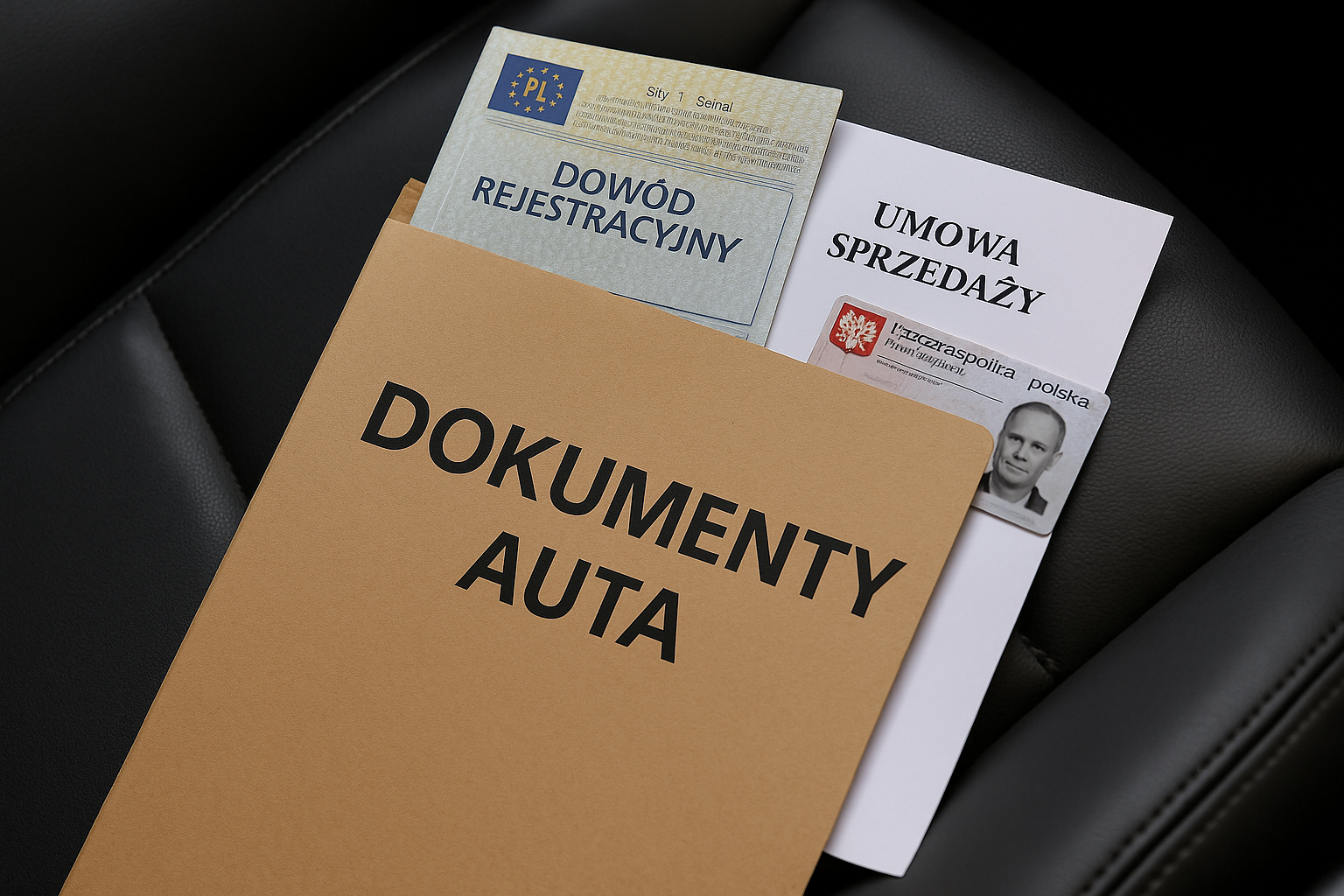Brązowa teczka z napisem „DOKUMENTY AUTA” leży na czarnym, skórzanym siedzeniu samochodu. Z teczki wystają dokumenty potrzebne do sprzedaży auta w auto skupie – dowód rejestracyjny, umowa sprzedaży i dowód osobisty.