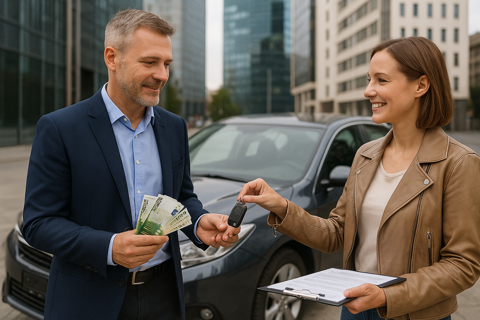 Mężczyzna przekazuje kluczyki pracownikowi skupu aut w Legionowie – Auto Skup Warszawa Legionowo. Profesjonalna obsługa, szybka sprzedaż samochodu i gotówka za auto od ręki.