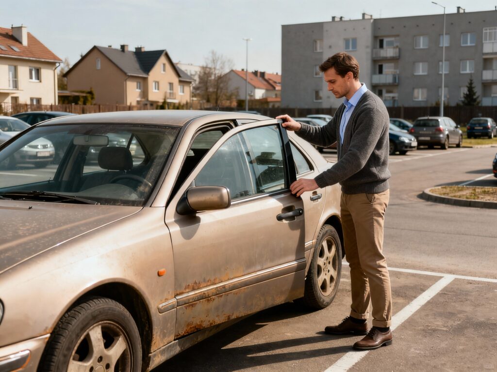 Pracownik lokalnego skupu aut Legionowo w stylu smart casual oglądający używany samochód klienta na osiedlowym parkingu, oferujący wycenę i szybką sprzedaż auta