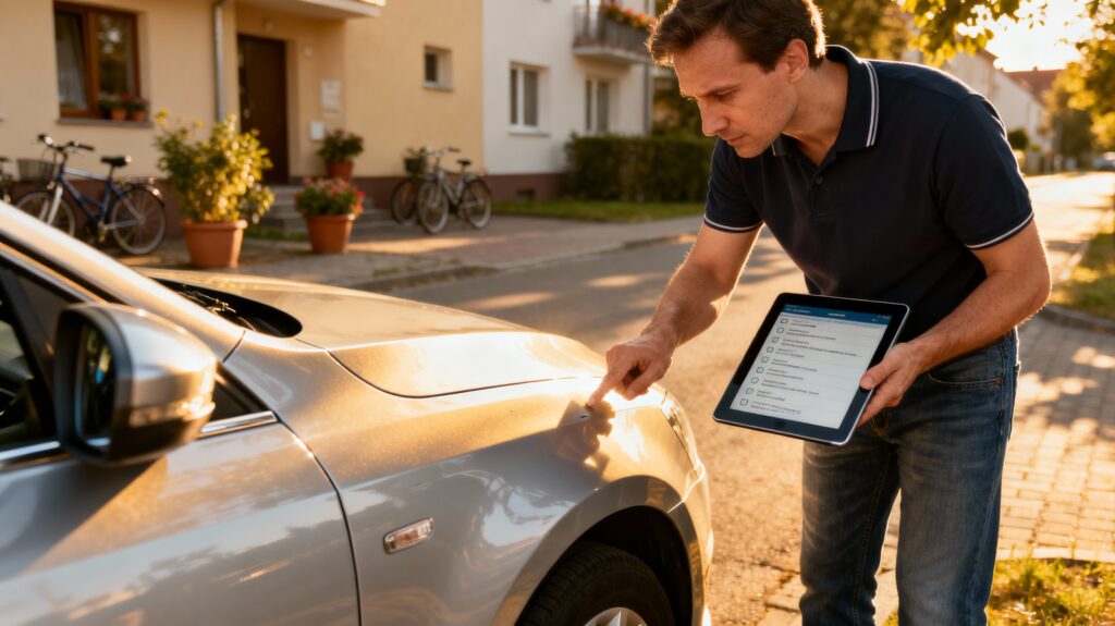 Rzeczoznawca auto skupu z tabletem przeprowadza profesjonalną wycenę samochodu używanego w okolicach Warszawy i Legionowa