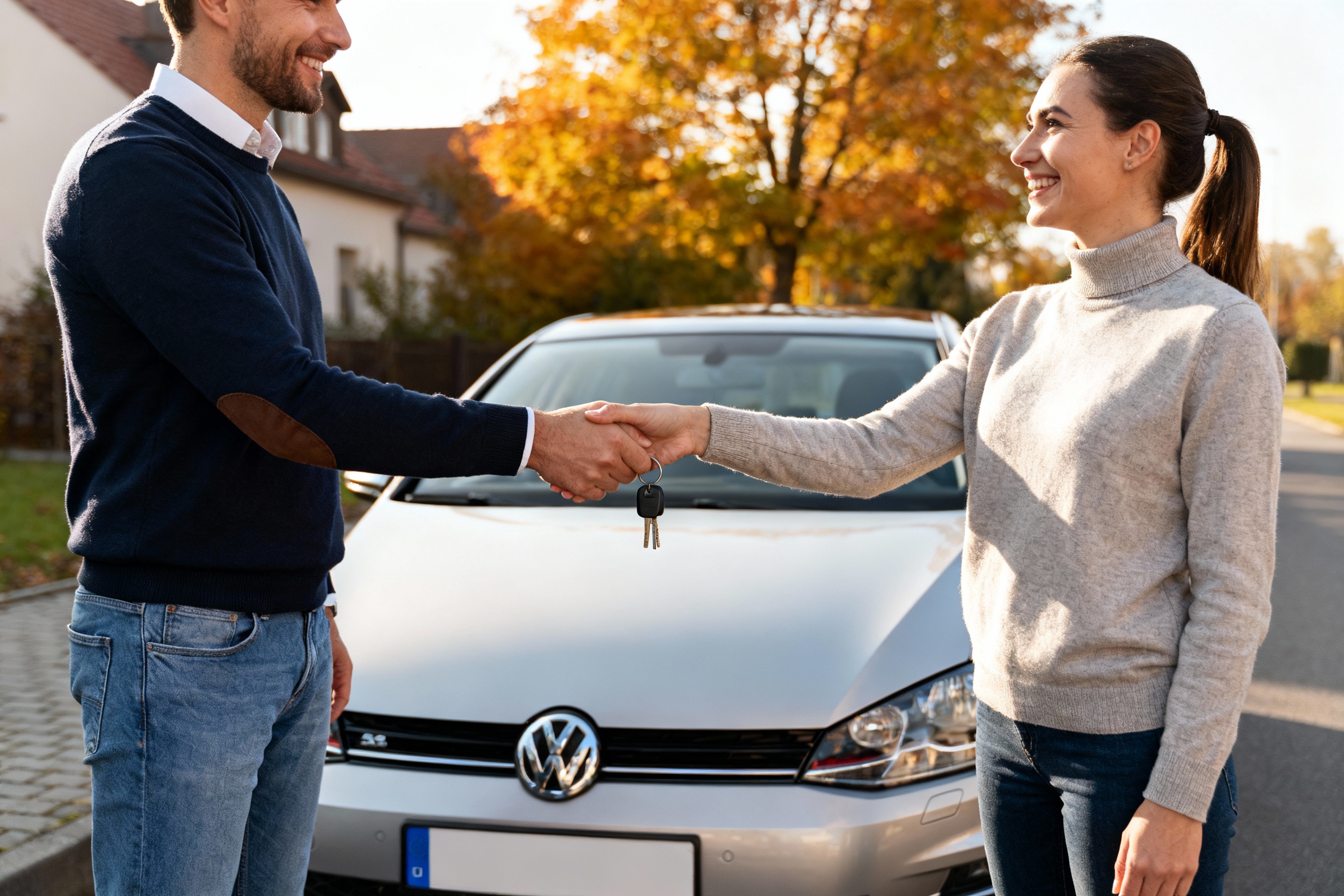 Dwóch mężczyzn w stylu smart casual finalizuje sprzedaż samochodu w auto skupie Warszawa Legionowo – uścisk dłoni i przekazanie kluczyków