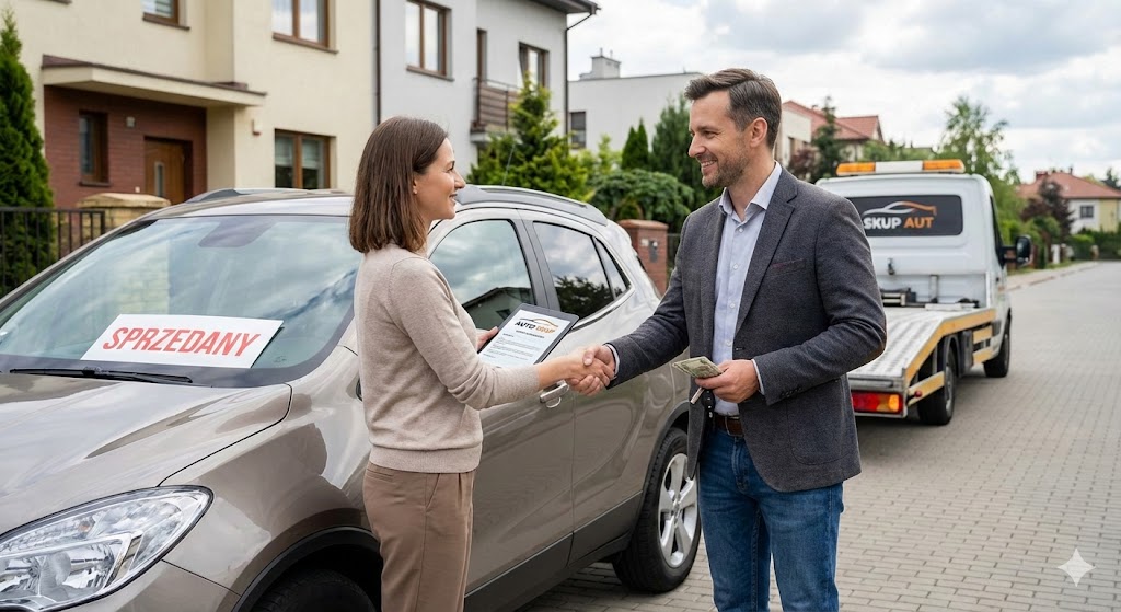 Zadowolona kobieta i mężczyzna, przedstawiciel skupu aut, ściskają sobie dłonie finalizując sprzedaż samochodu. Mężczyzna trzyma gotówkę i kluczyki, kobieta tablet z umową. W tle stoi laweta z napisem SKUP AUT, a w oknie sprzedawanego SUV-a widnieje tabliczka SPRZEDANY. Szybka sprzedaż auta za gotówkę.