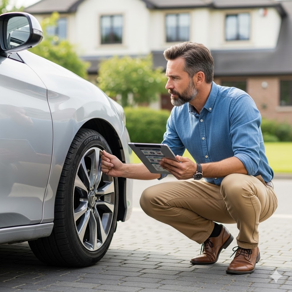 Profesjonalny rzeczoznawca z tabletem sprawdzający stan opon i felg srebrnego samochodu na prywatnej posesji w powiecie legionowskim (Łajski/Wieliszew).