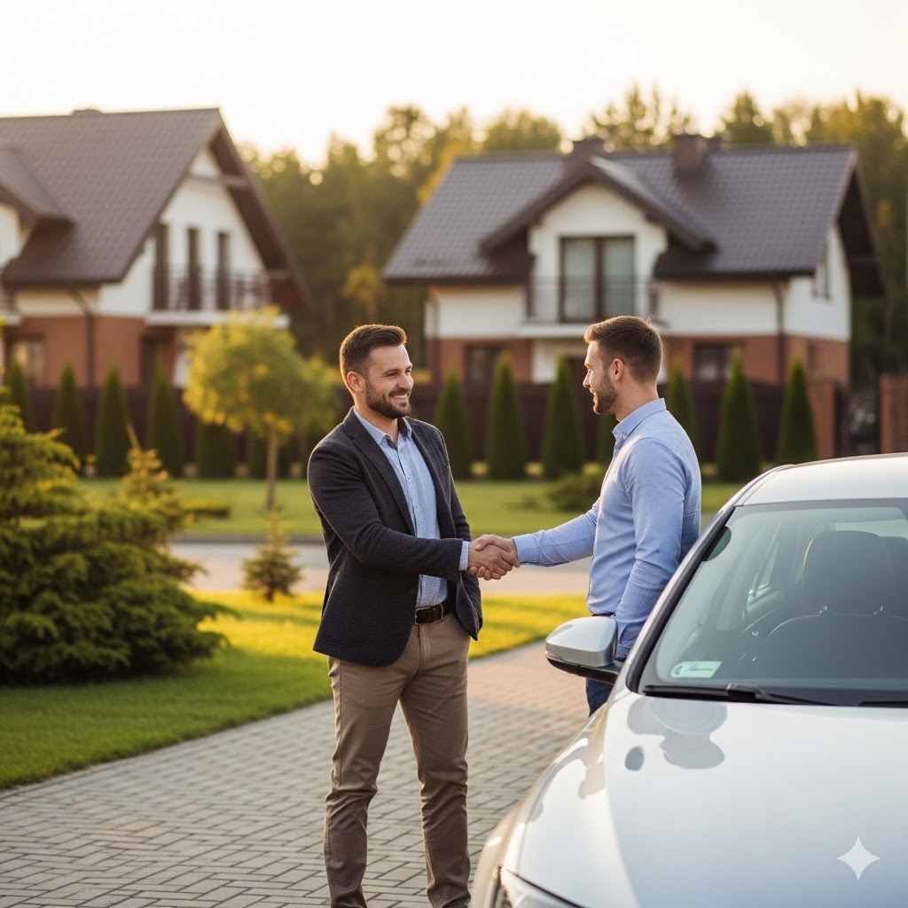 skup-aut-legionowo-lajski-szybka-sprzedaz Zadowolony mieszkaniec Legionowa finalizuje sprzedaż srebrnego samochodu osobowego przedstawicielowi skupu aut na podjeździe przed domem. Uścisk dłoni, słoneczny dzień.