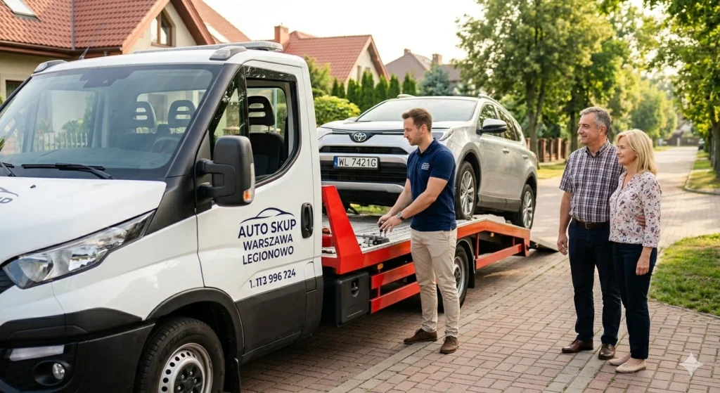 Bezstresowy odbiór uszkodzonego samochodu lawetą przez Auto Skup Warszawa Legionowo.