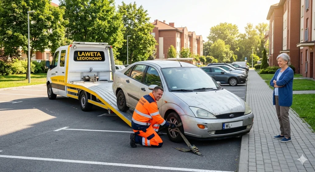Darmowy odbiór lawetą wyeksploatowanego samochodu przez skup aut Legionowo bez stresu dla właściciela.
