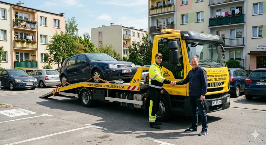 Darmowy odbiór uszkodzonego samochodu lawetą. Zadowolony klient z Legionowa i bezpieczny transport auta.