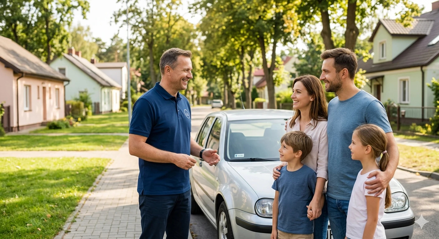 auto-skup-wycena-legionowo-rodzina Uśmiechnięty rzeczoznawca skupu aut rozmawia z rodziną w Legionowie. Bezpieczna wycena starego auta na posesji.