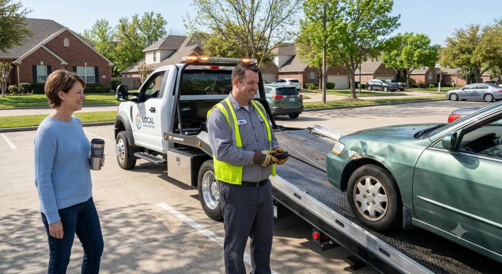 Darmowa laweta skupu ładuje uszkodzone auto bez przeglądu na osiedlowym parkingu w Legionowie.