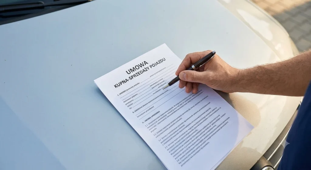 Przejrzysta umowa kupna auta w Legionowie, podpis na srebrnej masce Passata