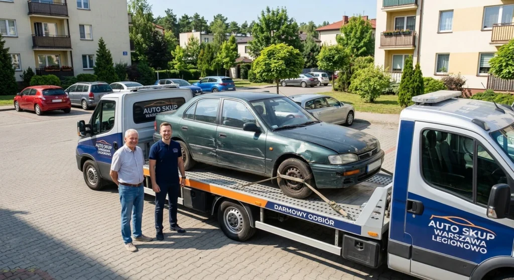 Uszkodzony diesel jest ładowany na lawetę Auto Skup Legionowo na lokalnym parkingu.