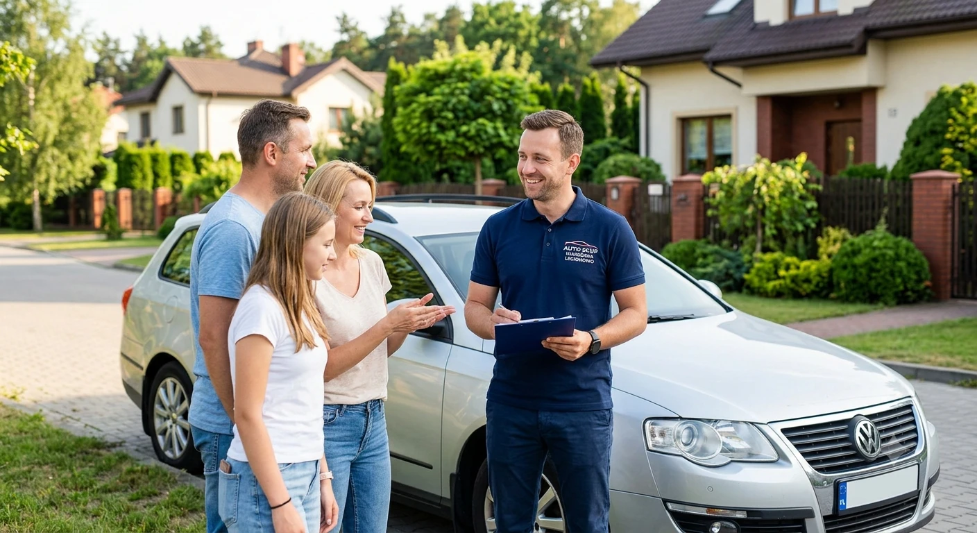 Uśmiechnięta rodzina sprzedaje starego diesla pracownikowi Auto Skup Legionowo. Uśmiechnięta rodzina rozmawia z pracownikiem Auto Skup Legionowo przy starym dieslu na spokojnej ulicy.