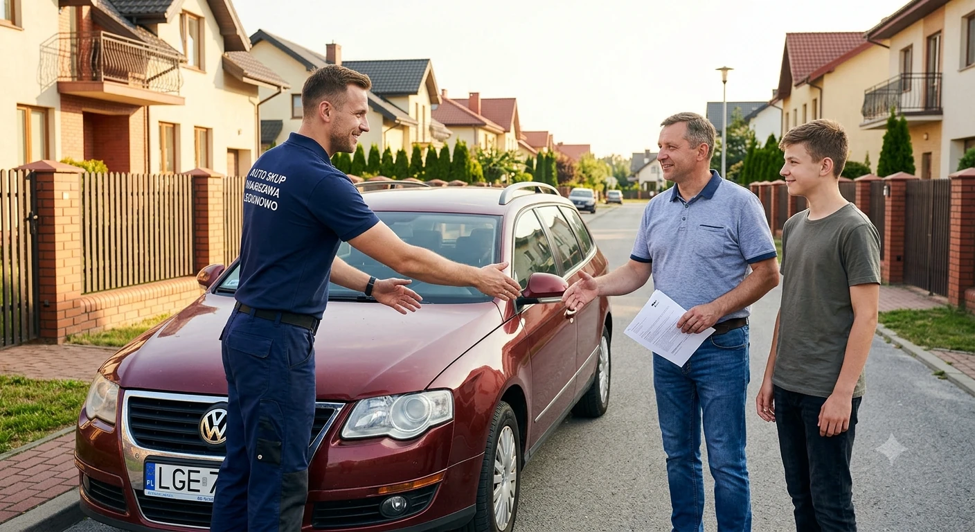 sąsiedzki-auto-skup-legionowo-polecenia Pracownik skupu rozmawia z uśmiechniętą rodziną przy ich używanym aucie na ulicy w Legionowie.