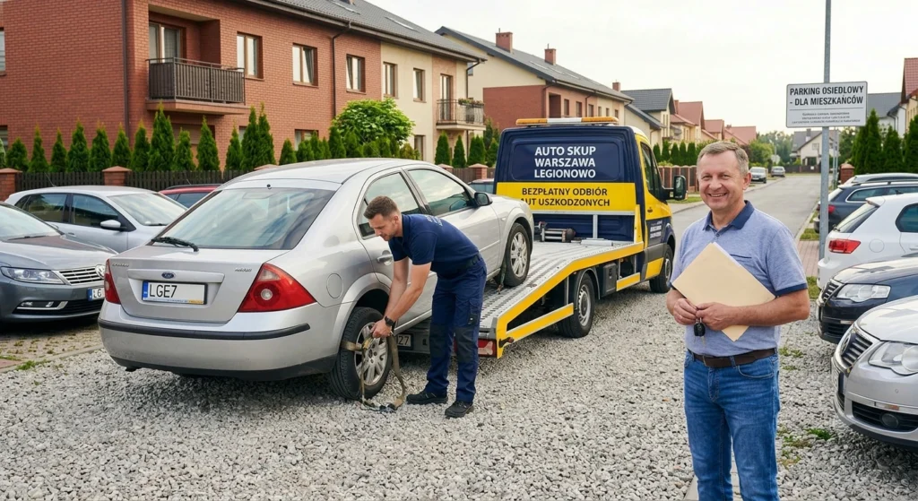 Bezstresowy odbiór lawetą uszkodzonego auta przez Auto Skup z parkingu w Legionowie.