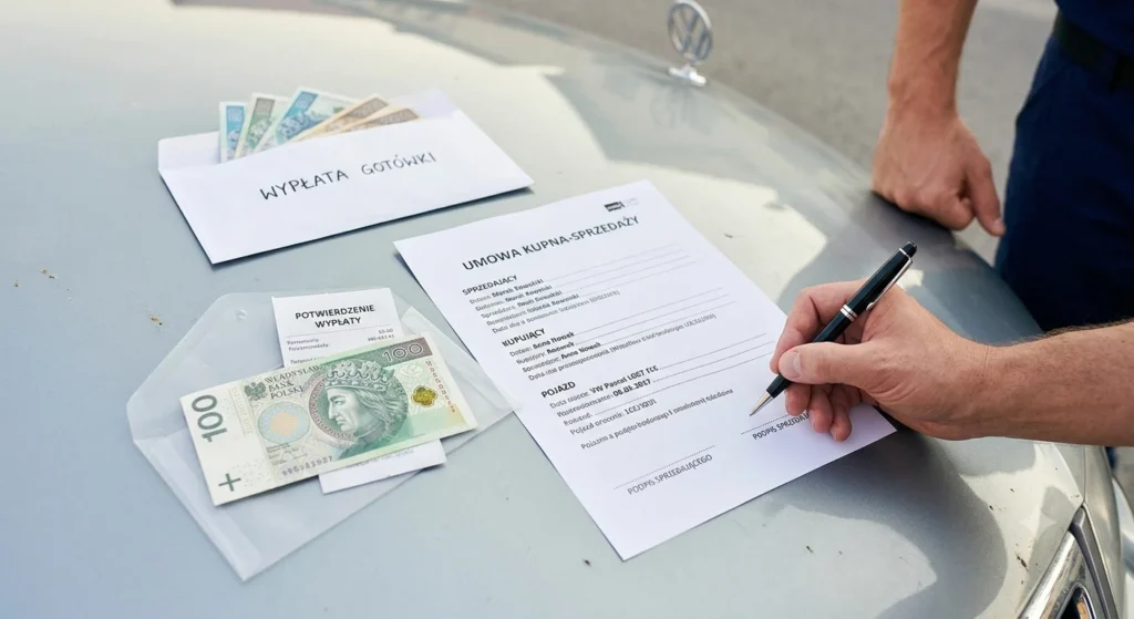 Proste formalności: podpis na umowie sprzedaży auta za gotówkę w skupie w Legionowie.