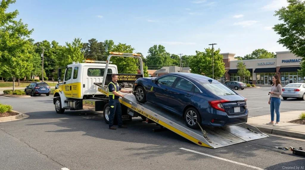 Laweta ładuje uszkodzone po wakacjach auto na parkingu w Legionowie - szybki odbiór.