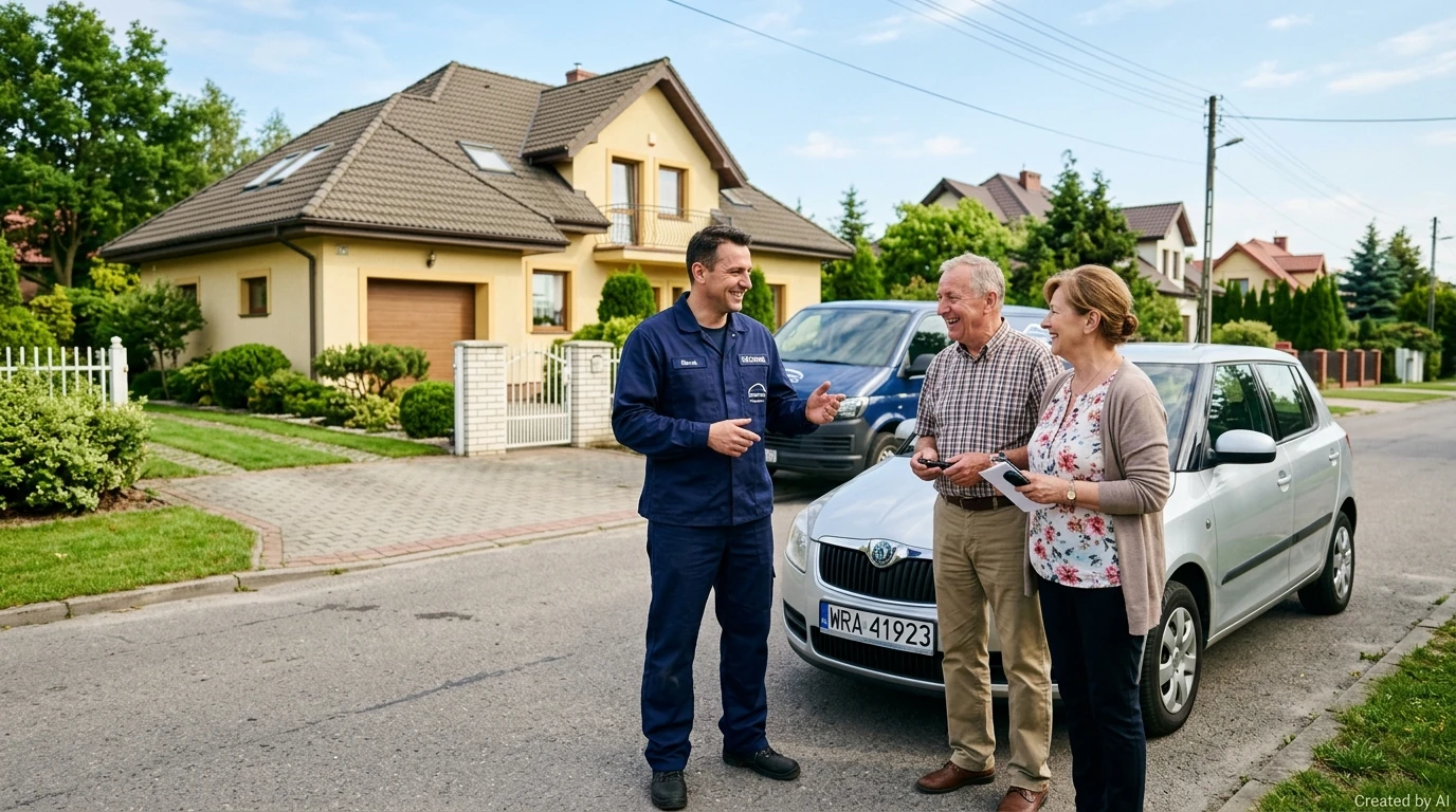 Pracownik skupu aut Legionowo i Serock rozmawia z klientem przy używanym samochodzie na osiedlu domów.