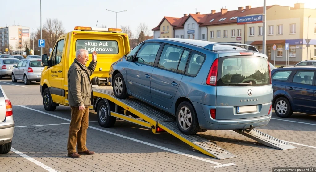 Laweta skupu Legionowo odbiera stary minivan z parkingu lokalnego.